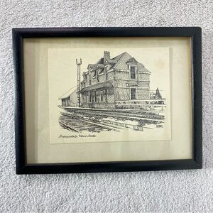 Vintage Orangedale Nova Scotia Framed Black and White Train Station Sketch